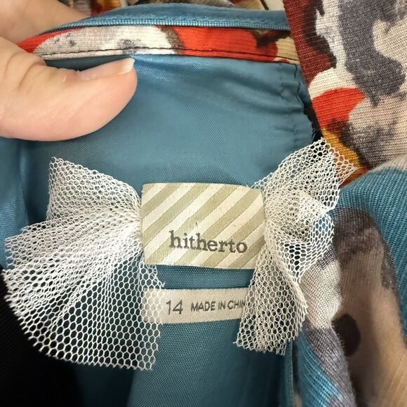 Hitherto Anthropologie Dress Women's 14 Blue Red Floral Zip Back Sleeveless Tie - Picture 7 of 14